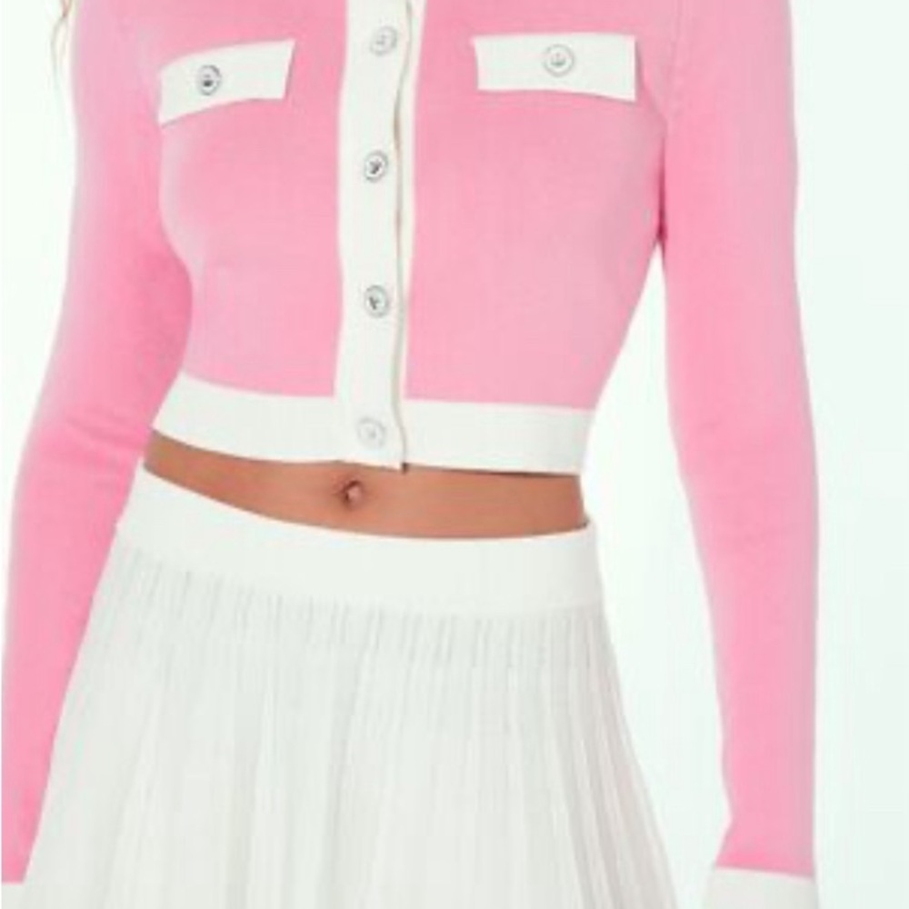 Chic Pink Cropped Cardigan with White Trim